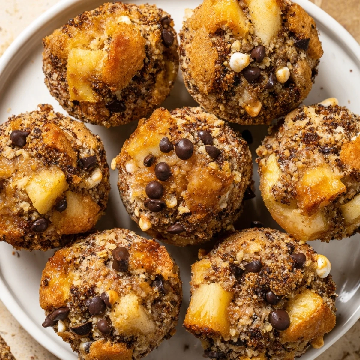 Bite-sized smores caramel apple cinnamon pancake muffin balls topped with mini marshmallows and graham crumbs.  