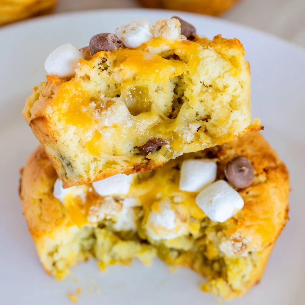 Gooey Smores Cheesy Jalapeño Biscuit Muffins fresh out of the oven, topped with chocolate.