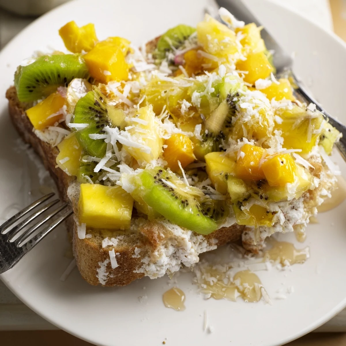 Indulge in vibrant yogurt-custard toast, bursting with fresh mango and pineapple flavors.  