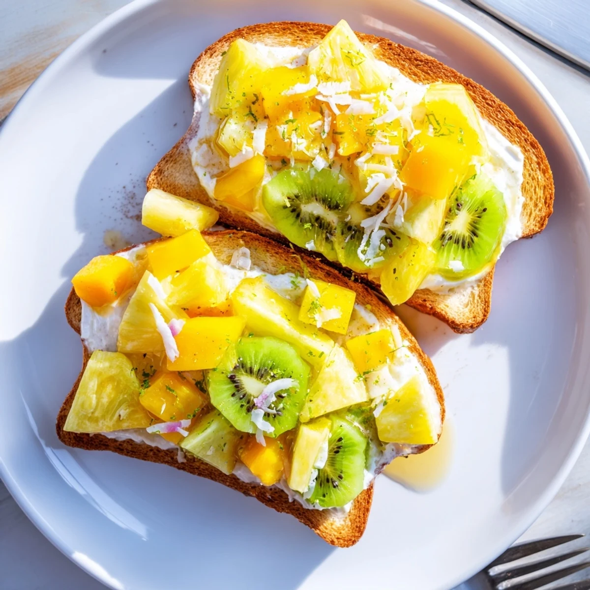 Deliciously baked yogurt-custard toast garnished with kiwi and shredded coconut for brunch.