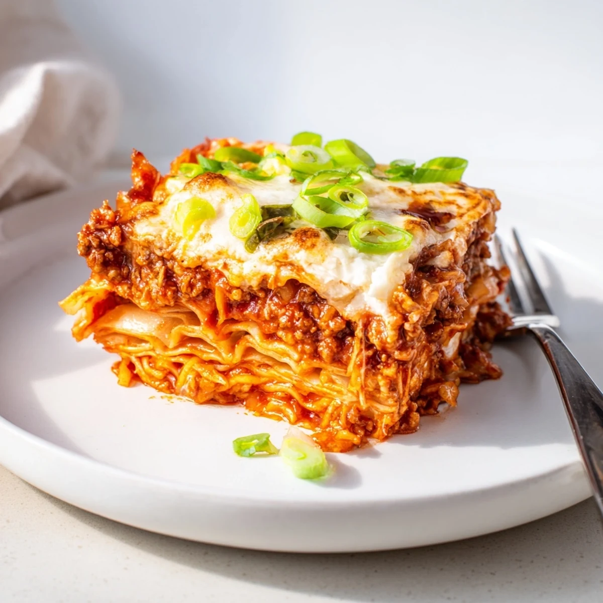 Layers of spicy ramen lasagna topped with golden, bubbling cheese and fresh green onions.  