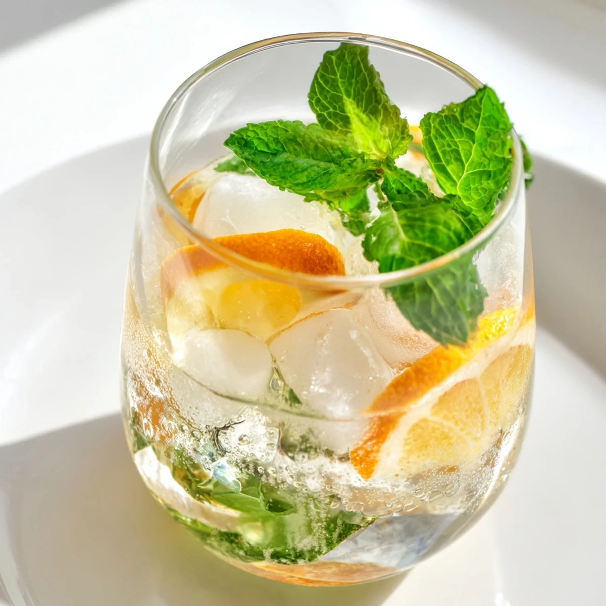 Refreshing probiotic soda mocktail with citrus and mint garnishes served over ice.  