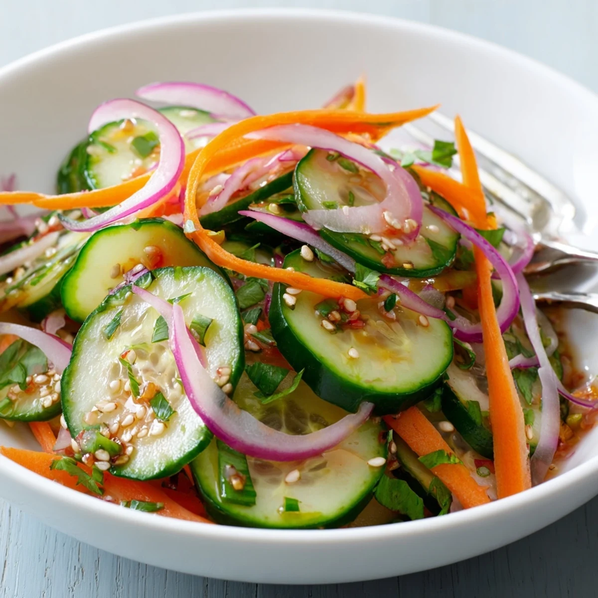 Vibrant cucumber salad remix featuring fresh vegetables and a savory dressing blend.  