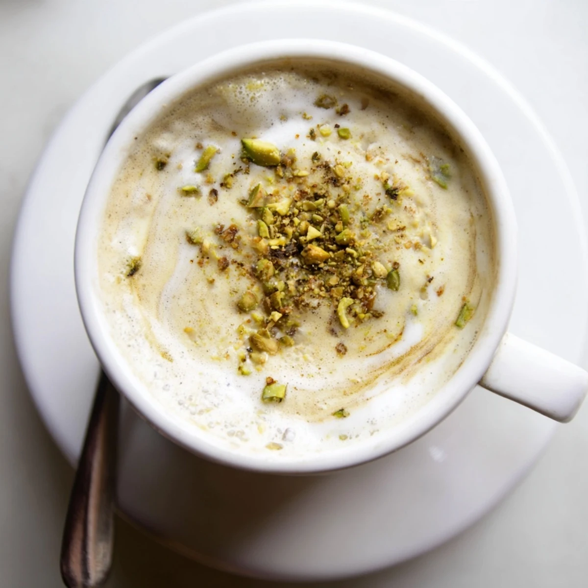 Nutty and fragrant pistachio milk latte, perfect for cozy coffee moments.  