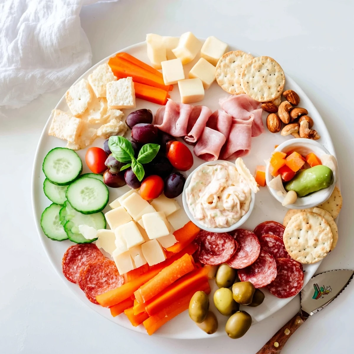 Delicious girl dinner platter featuring an assortment of cheeses, fruits, and crunchy snacks.