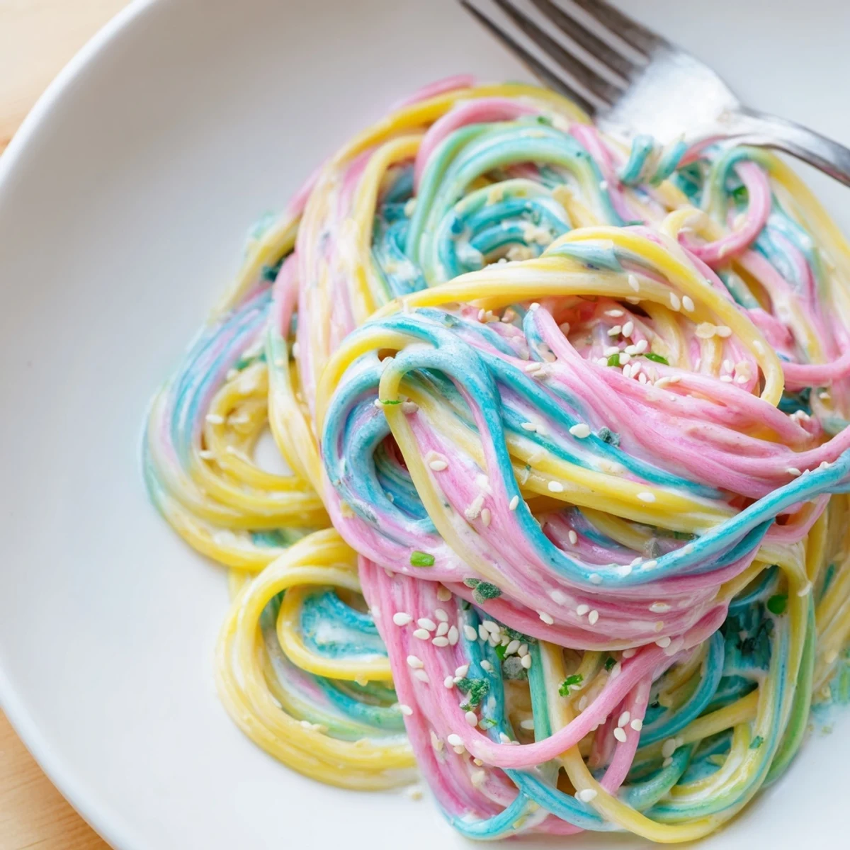 A colorful Neon Noodle Cloud dish in creamy sauce, perfect for festive occasions.  