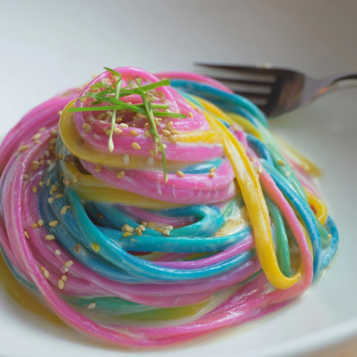 Vibrant Neon Noodle Cloud served with scallions and edible flowers for a whimsical touch.  