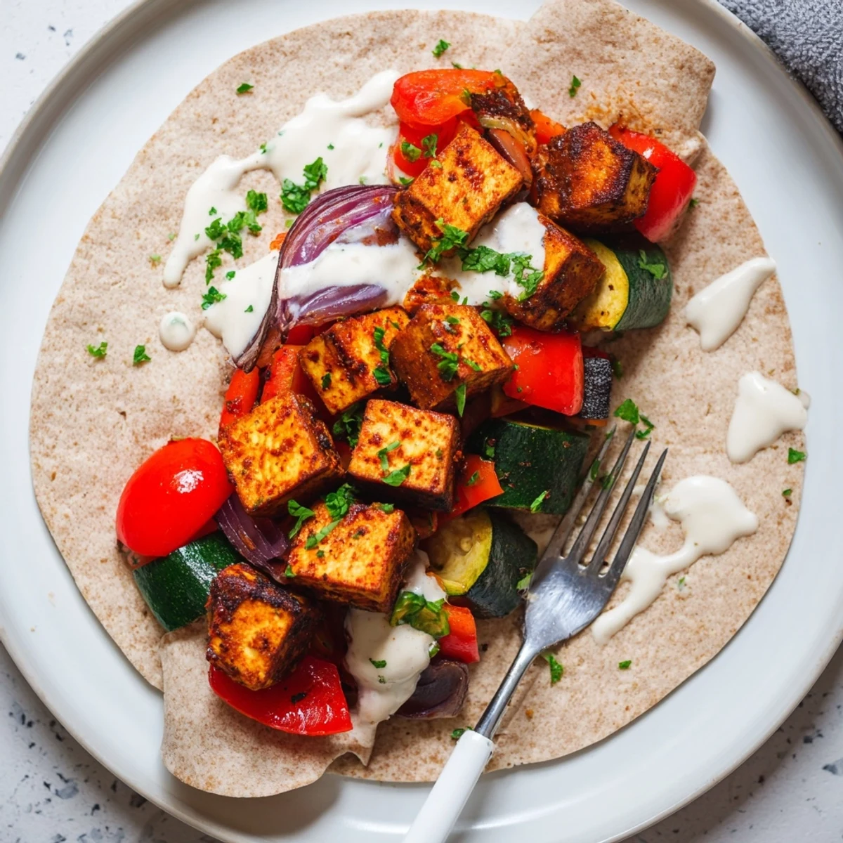 Delicious Vegan Viral Recipe re-make drizzled with creamy tahini-yogurt sauce and herbs.