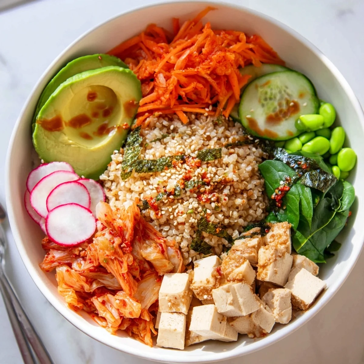 A colorful fermented vegetable bowl topped with kimchi and fresh veggies.  