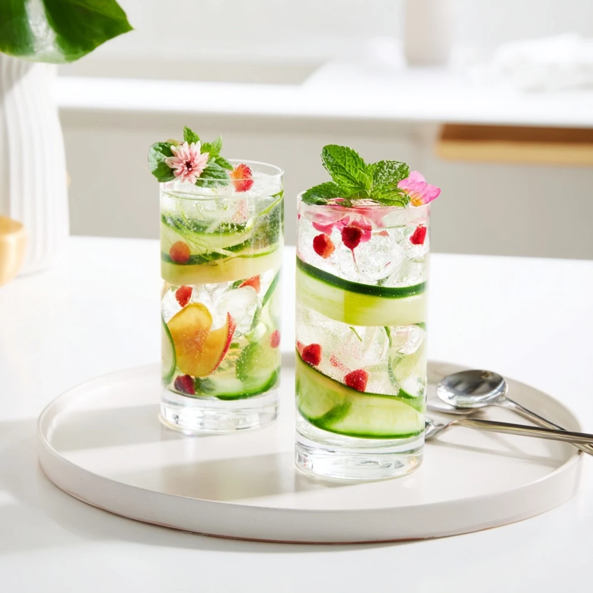 Refreshing water-based mocktails infused with strawberries and mint for a summer sip.  