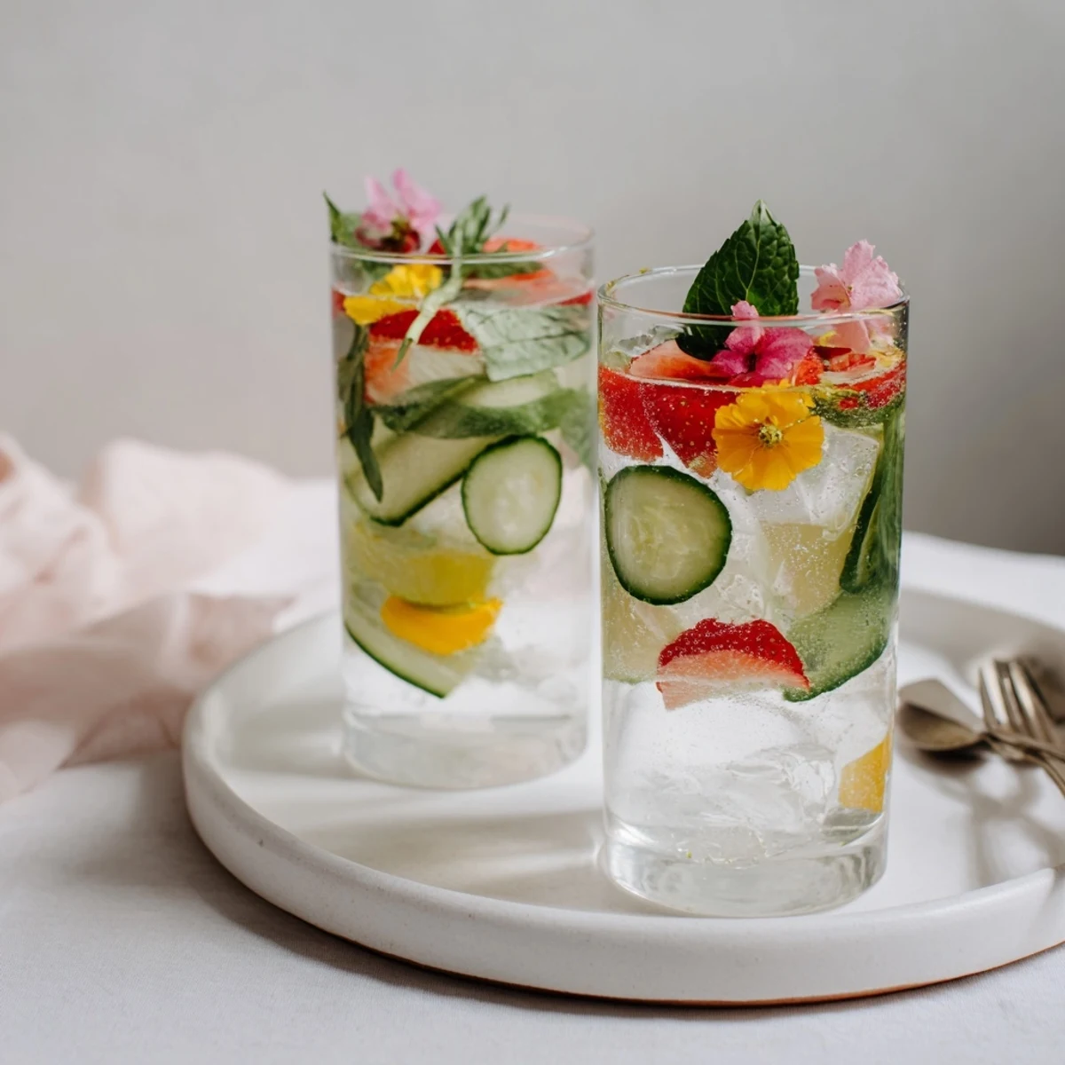 Hydrating peach-flavored mocktails garnished with fresh cucumber slices and mint sprigs.