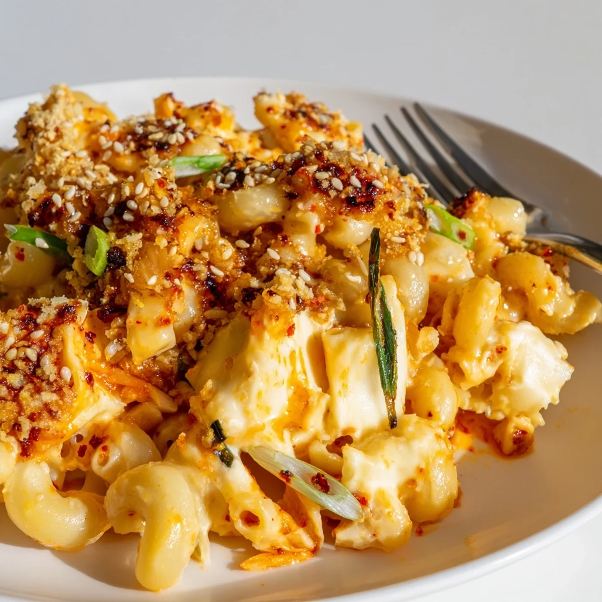 Baked Spicy Kimchi Mac & Cheese, featuring melted cheeses and bold, tangy kimchi.  