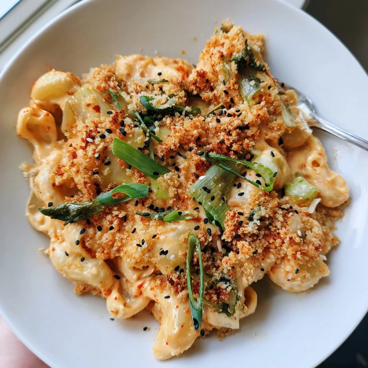 Delicious Spicy Kimchi Mac & Cheese, a comforting dish with spicy flavor and crunch.