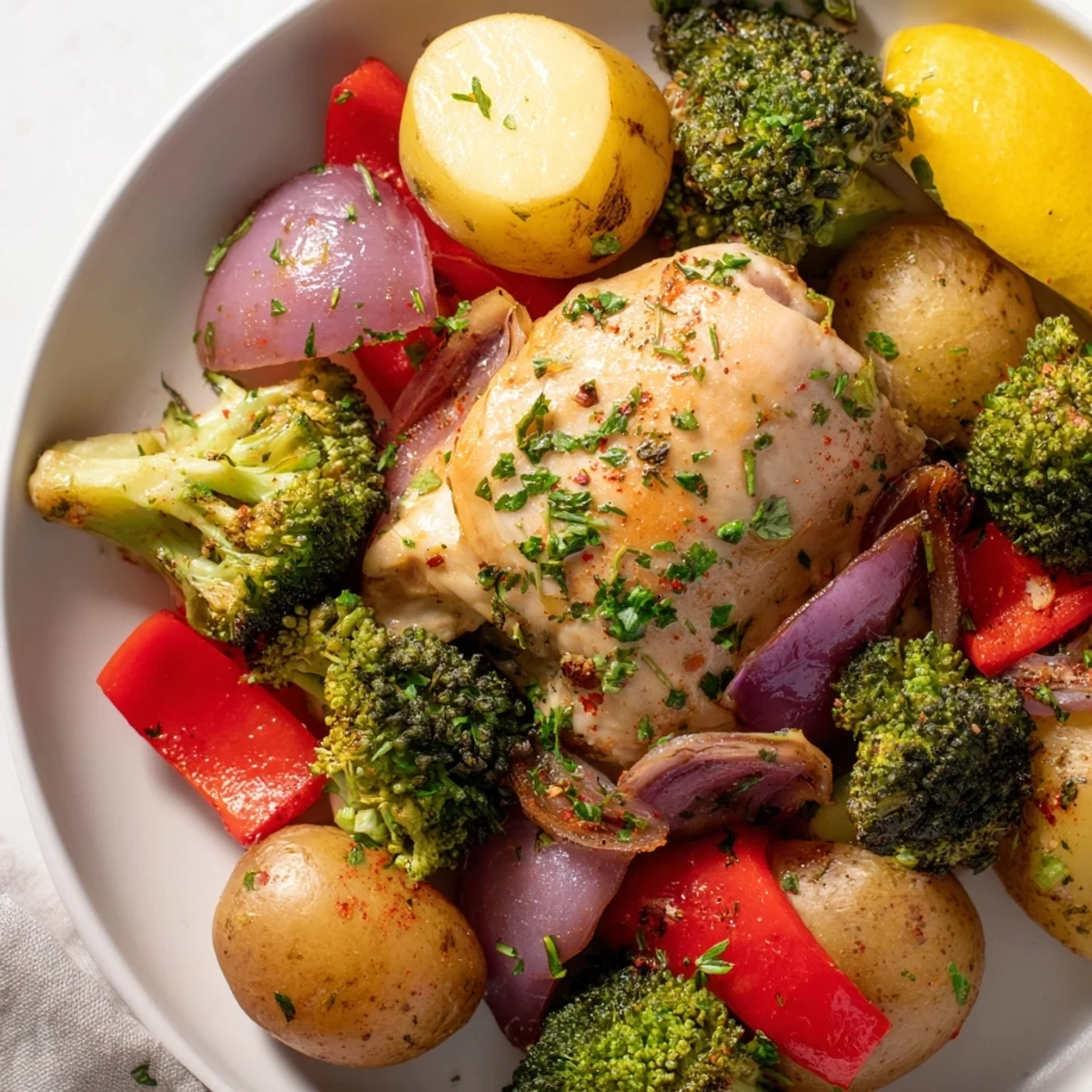 Juicy Lazy Gourmet Chicken & Vegetable One-Pot served with bright lemon wedges.  