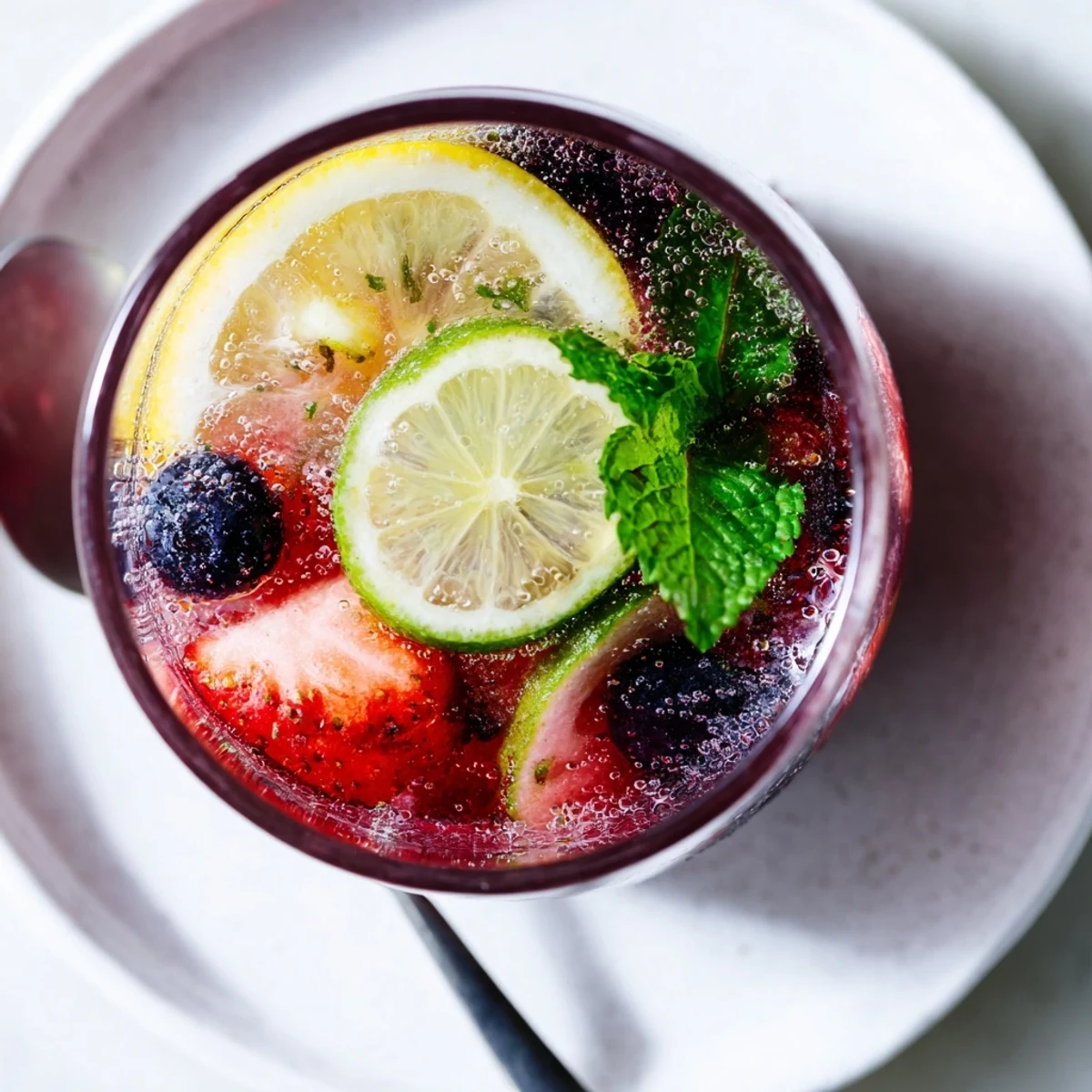 Kombucha-style home-brew mocktails served in clear glasses, adorned with fresh mint.  