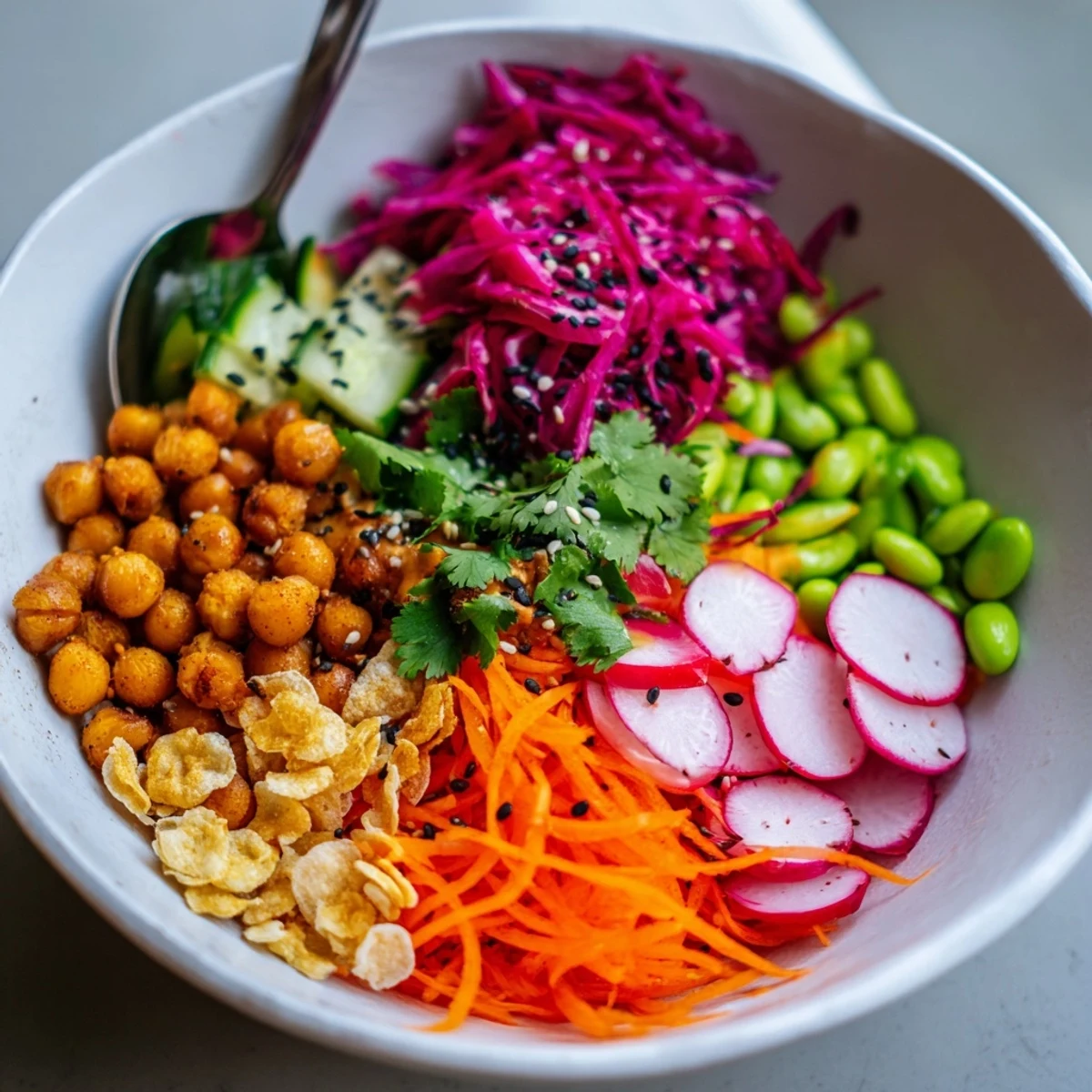 Savor the textures of ASMR Crunch Snack Bowls, topped with roasted chickpeas and pumpkin seeds.