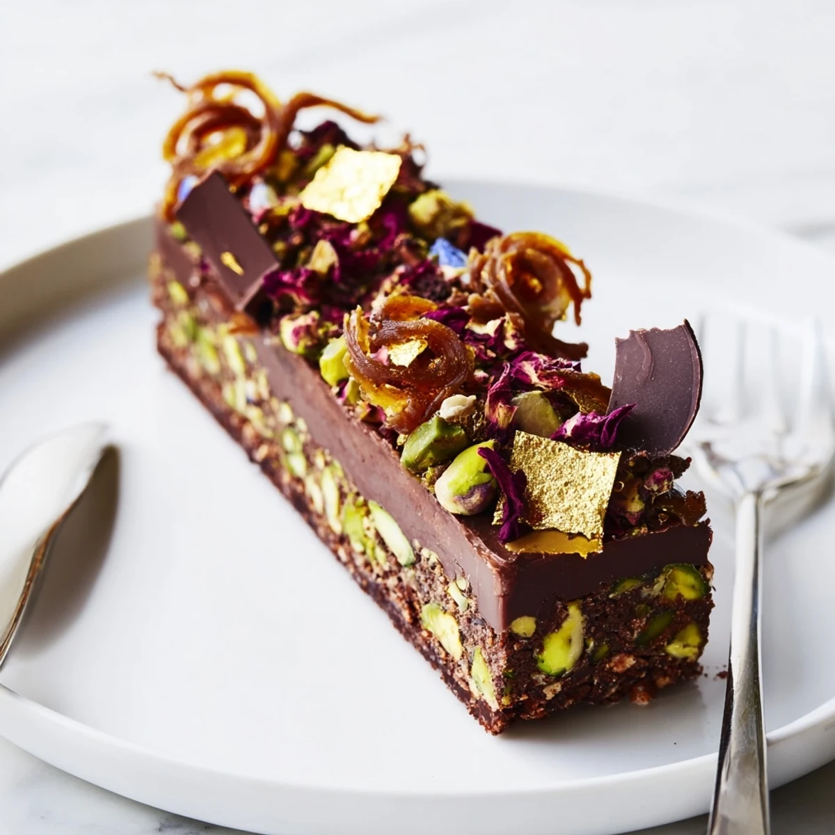 Decadent Chocolate Bar Inspired Creations topped with crunchy pistachios and coconut flakes.  