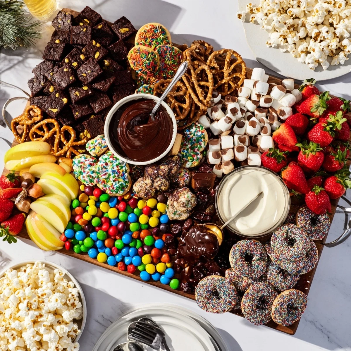 Colorful arrangement of cookies and chocolates on a stunning dessert board for celebrations.  