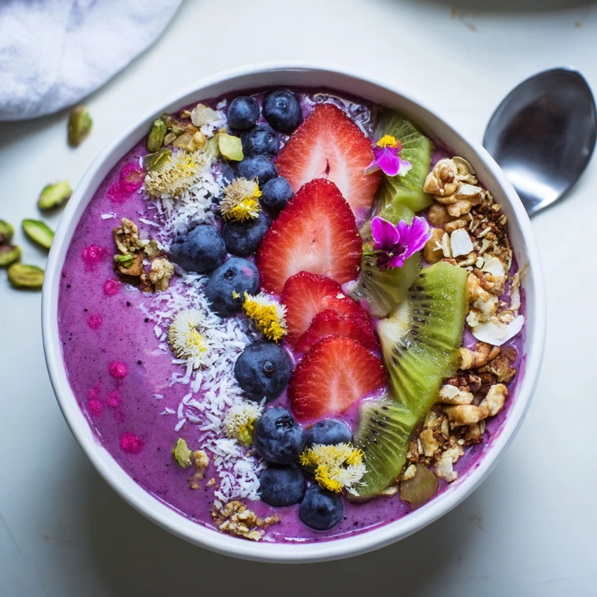 Vibrant Smoothie Bowls with Unexpected Twists topped with fresh fruits and crunchy nutty granola.