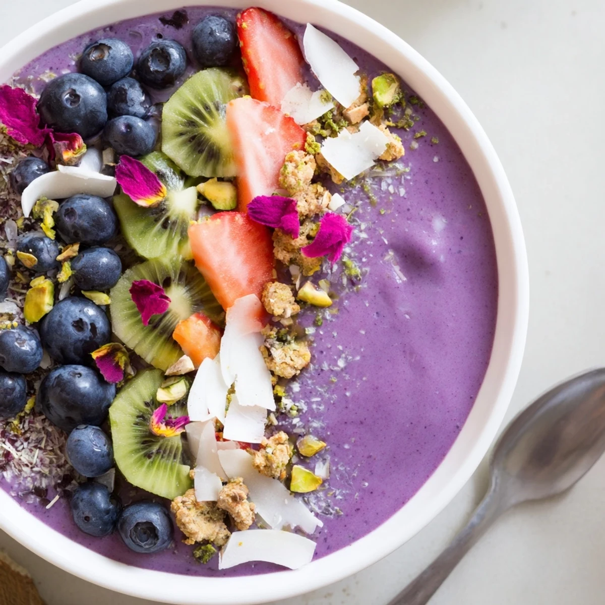A colorful Vibrant Smoothie Bowl with purple yam, bananas, and pistachio for a delicious breakfast.