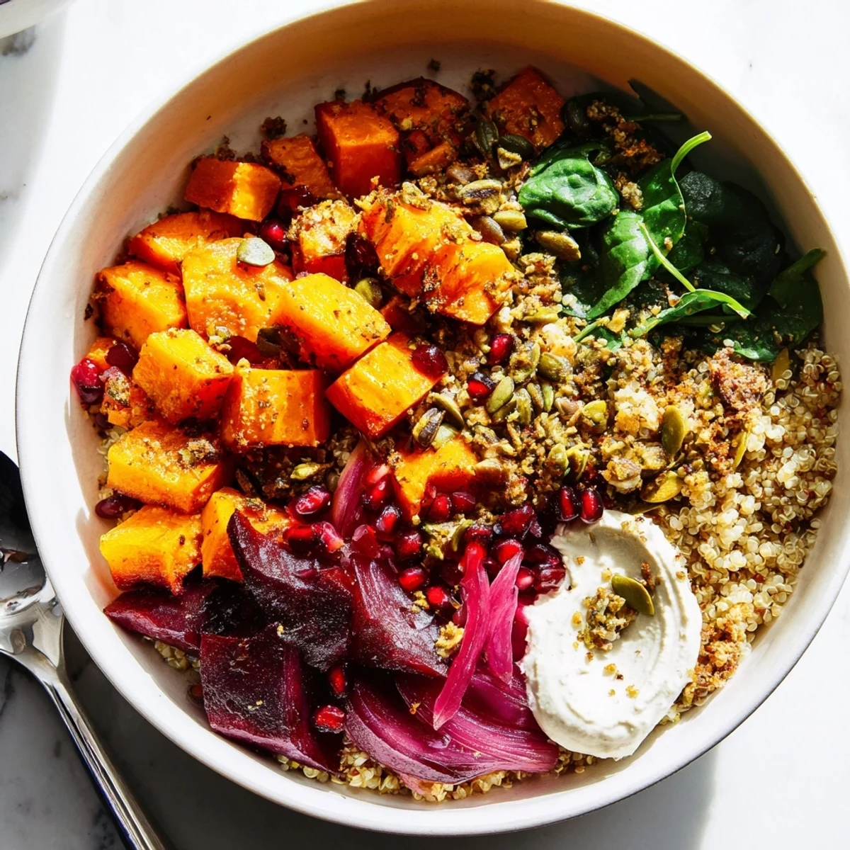 Rich spiced winter bowls filled with roasted veggies and creamy ube-coconut purée.  
