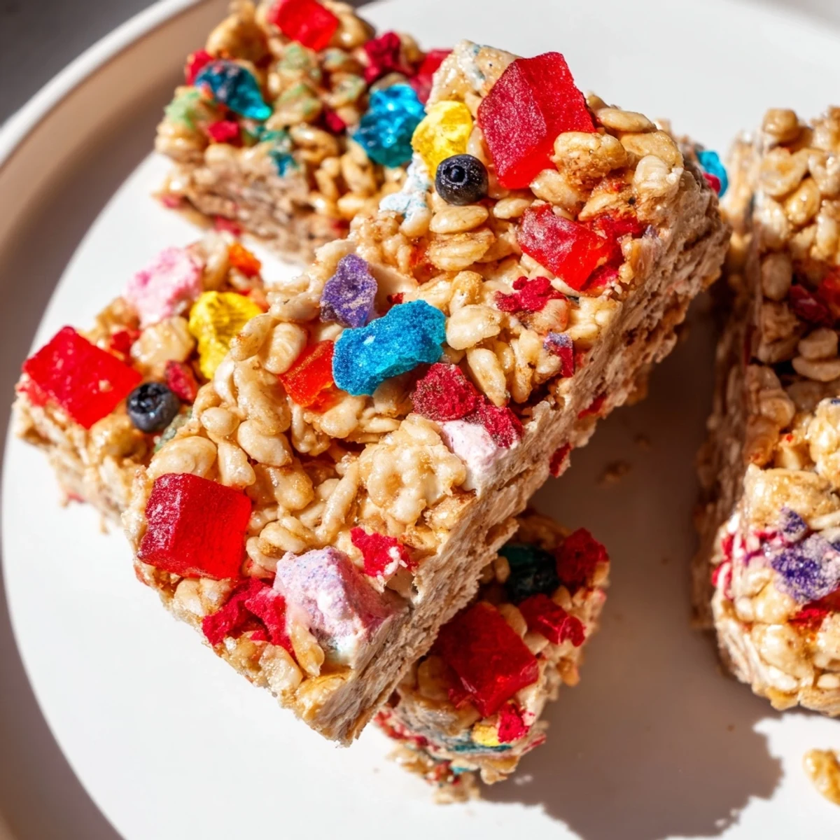 Vibrant layers of chewy gummies and crispy fruits create these fun DIY Snack Bars.