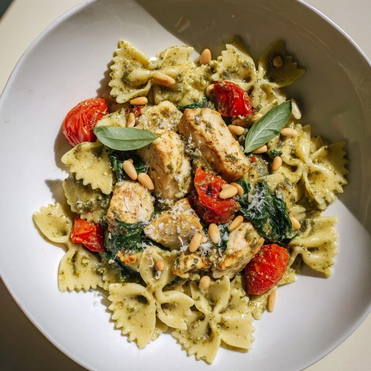 Creamy pesto chicken bowtie pasta, a colorful dish with chicken, tomatoes, and spinach.