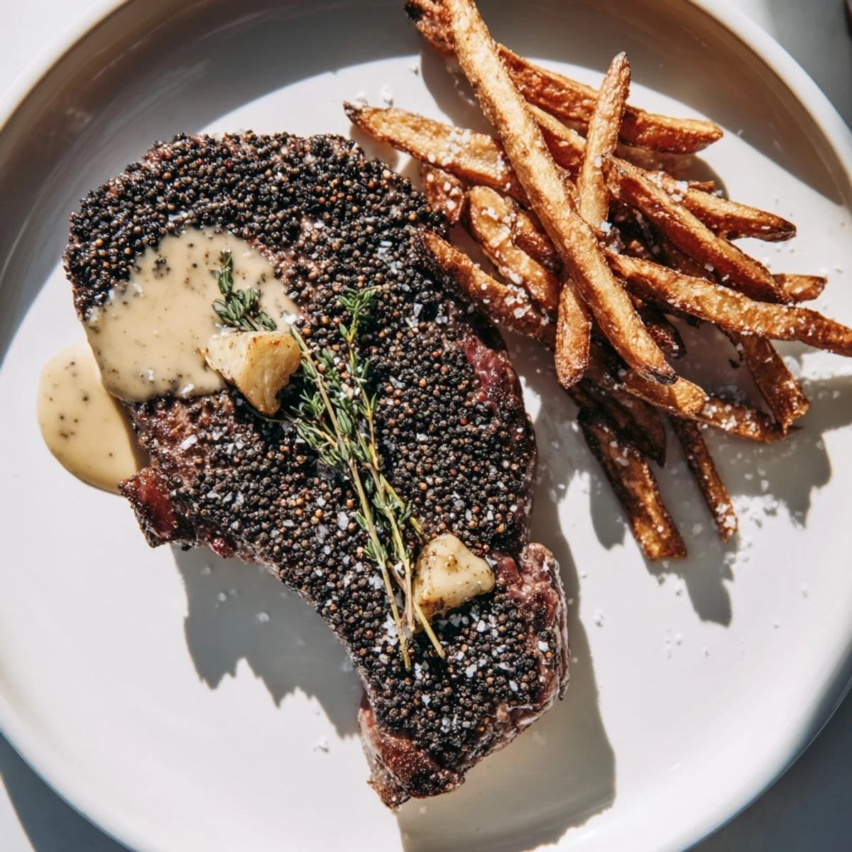 Perfectly cooked Classic Peppercorn Ribeye with a flavorful crust, served with a side of perfectly crisp fries.