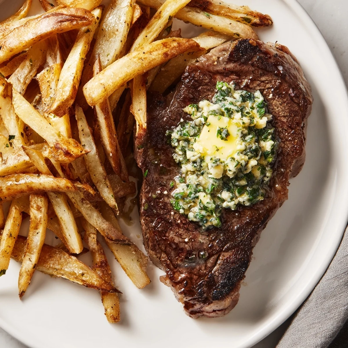 Golden-brown Steakhouse Garlic Butter Steak & Fries, a hearty American meal with crispy fries piled high.