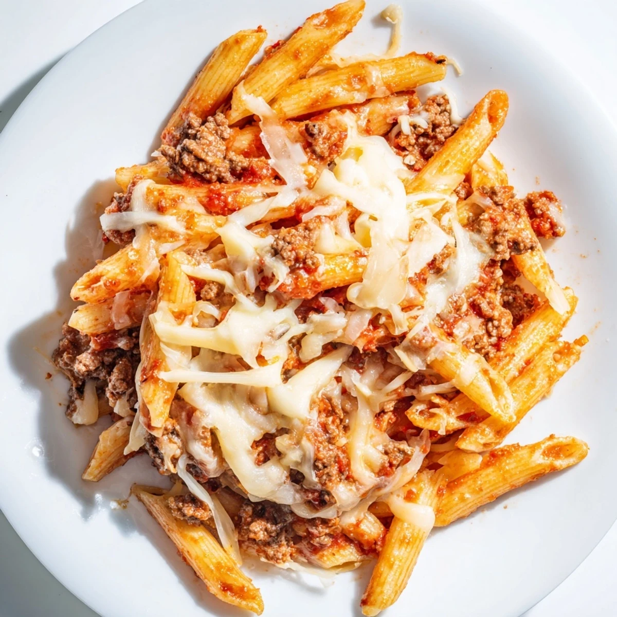 Cheesy Beef & Penne Bake: A close-up view of bubbly, golden cheese over savory ground beef.