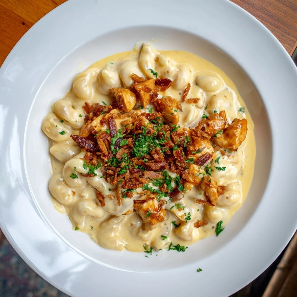 A close-up of steaming One-Pot Honey BBQ Chicken Mac and Cheese shows tender chicken mixed into the cheesy pasta.