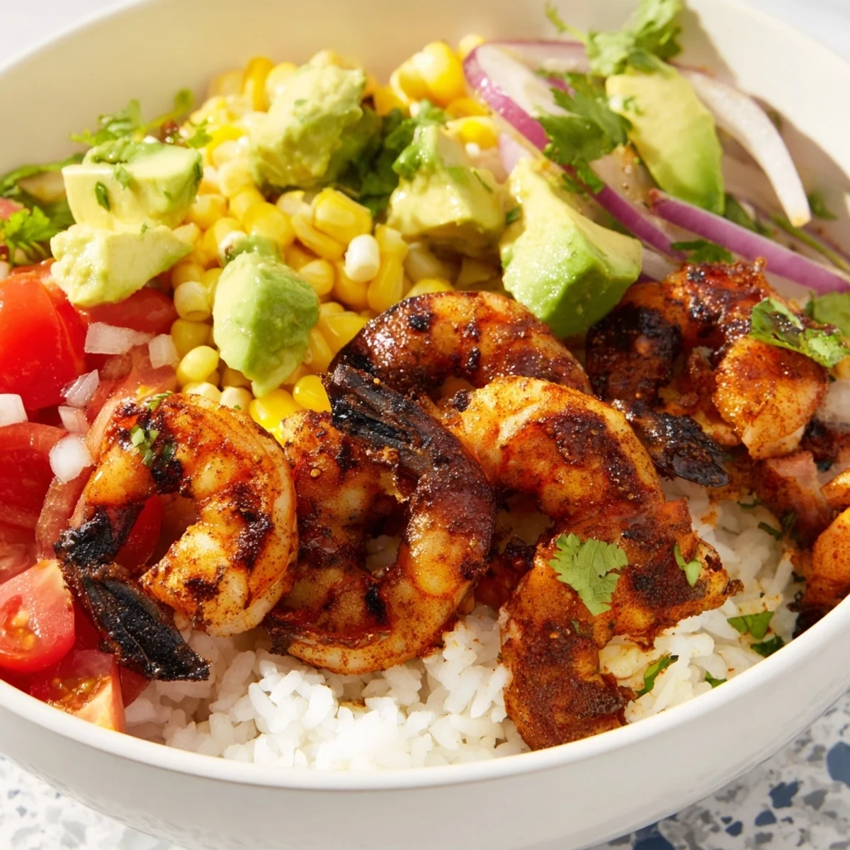Savory Easy Grilled Shrimp Bowl with Avocado Corn Salsa, perfectly grilled shrimp atop vibrant rice.