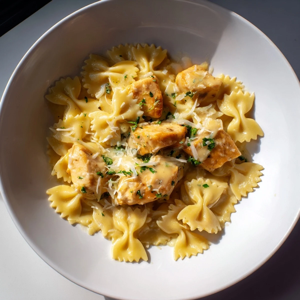 Close-up of savory Mozzarella Garlic Butter Chicken Bowties, ready to eat, with melted mozzarella and herbs.