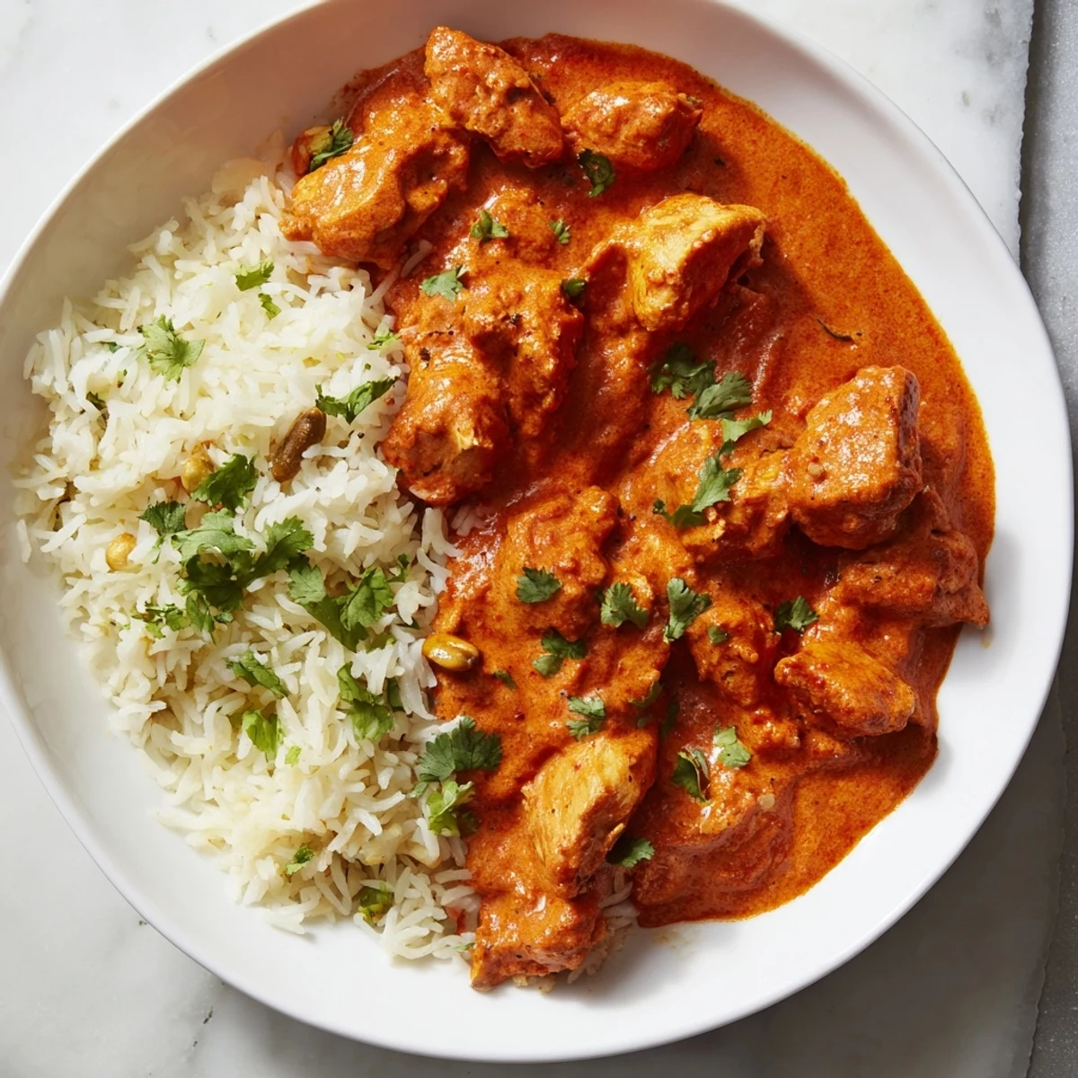 Creamy butter chicken glistening with sauce, spooned over a bed of spiced rice pilaf, ready to eat.