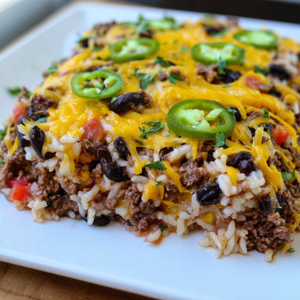 A steaming dish of Tex-Mex Beef & Rice Casserole, with bubbly cheese and fresh cilantro.
