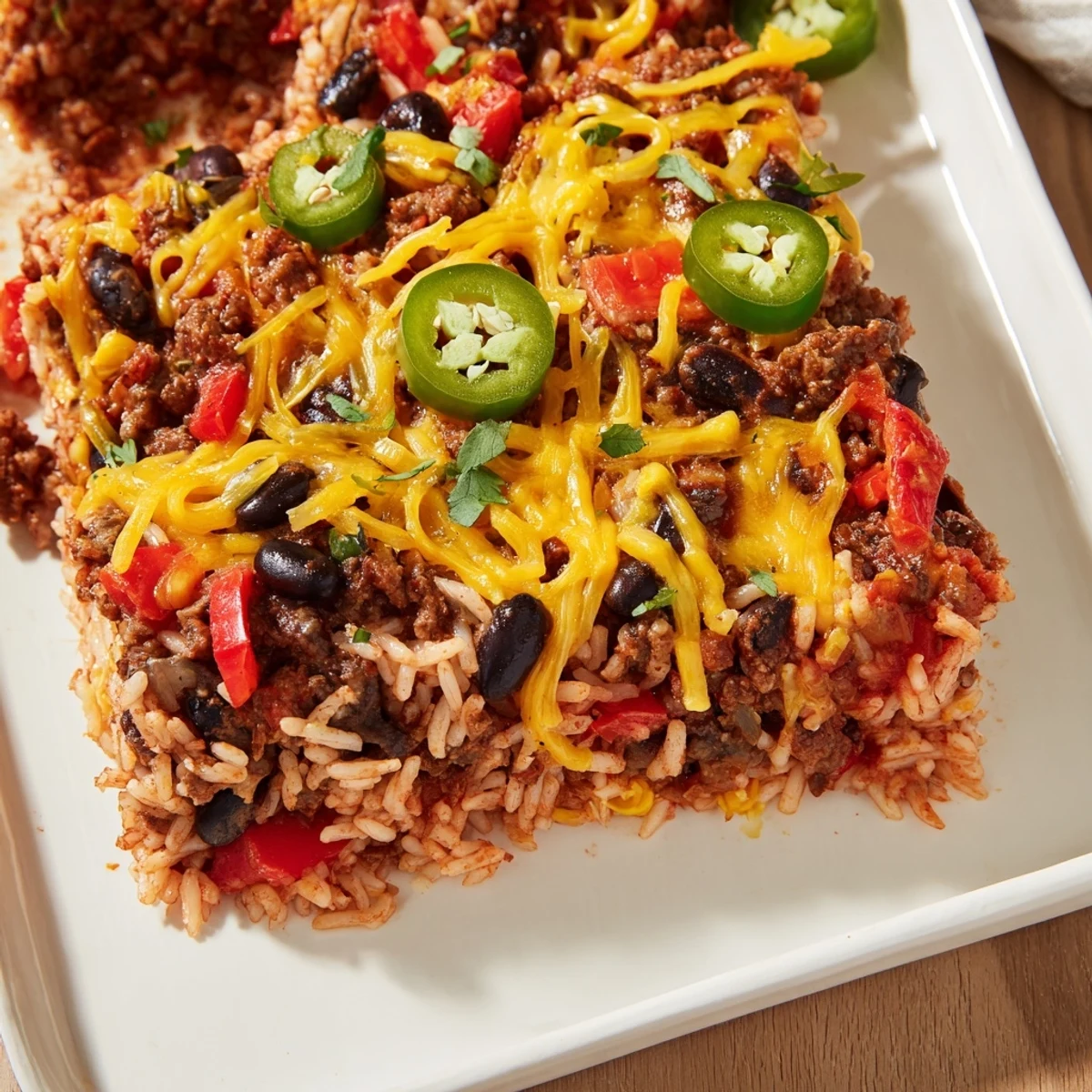 Close-up of a rustic Tex-Mex Beef & Rice Casserole, with savory aroma and flavorful layers.