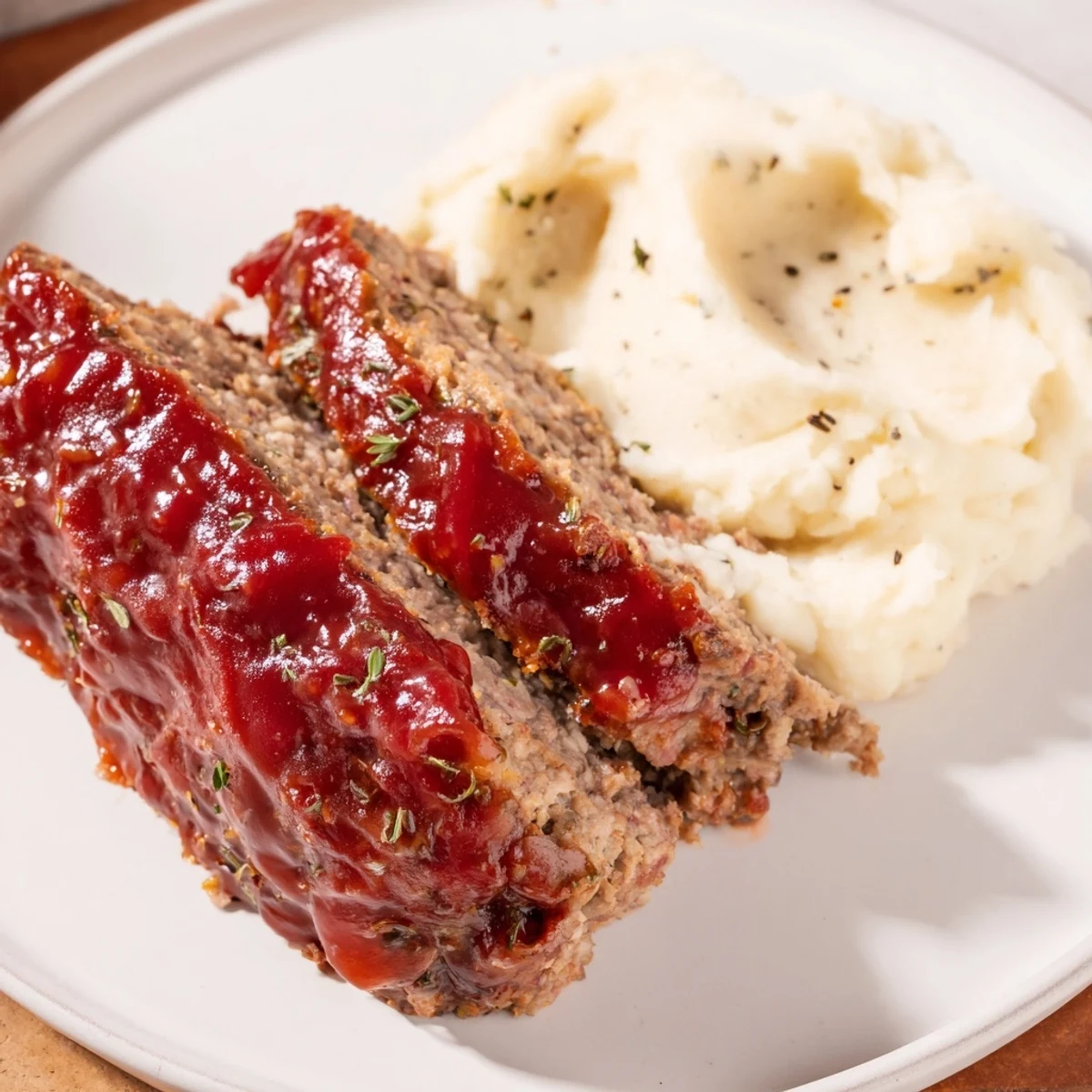 A hearty plate of classic meatloaf and mashed potatoes, the meatloaf glazed and potatoes piled high, ready to eat.