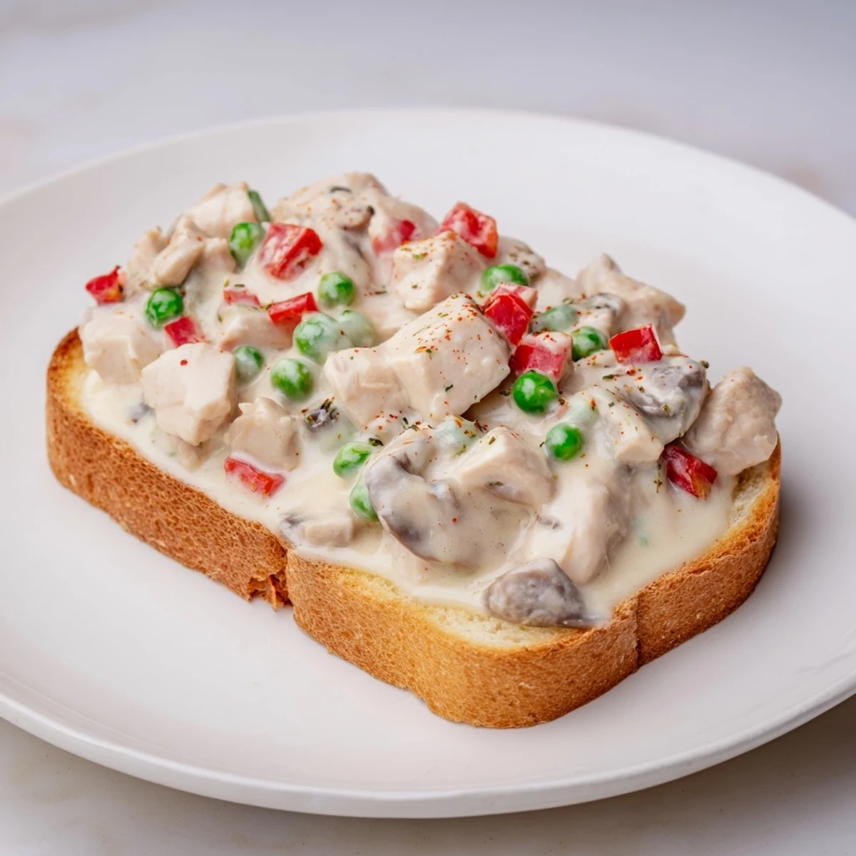 Creamy Chicken à la King over buttered toast: a comforting, savory dish with visible mushrooms and peppers.