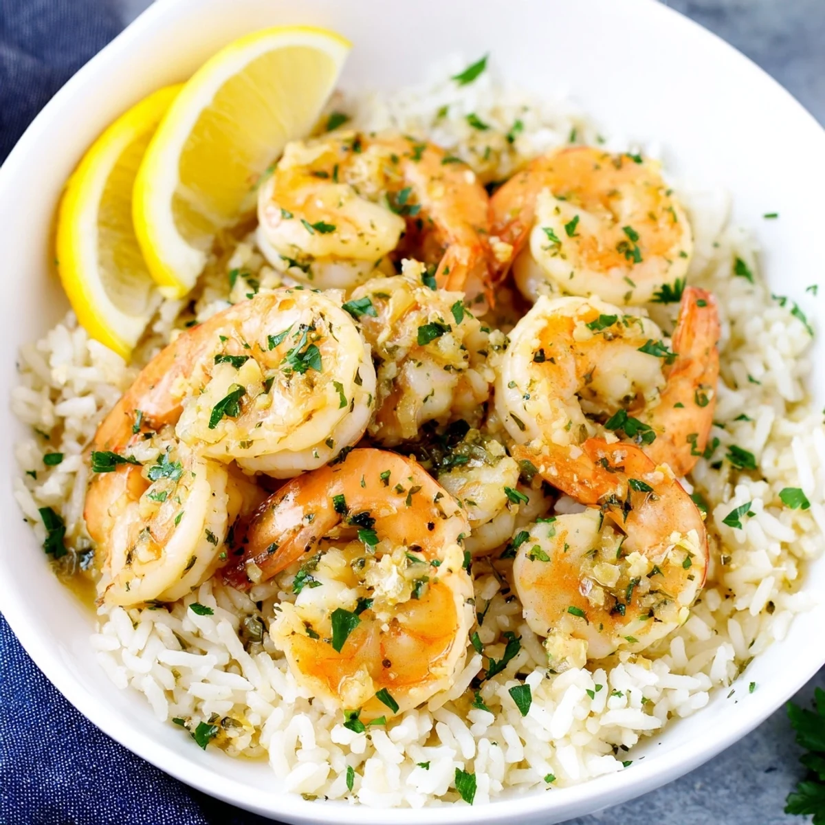 A close-up of a Garlic Butter Shrimp Rice Bowl, garnished with parsley and lemon wedges for a light flavor.