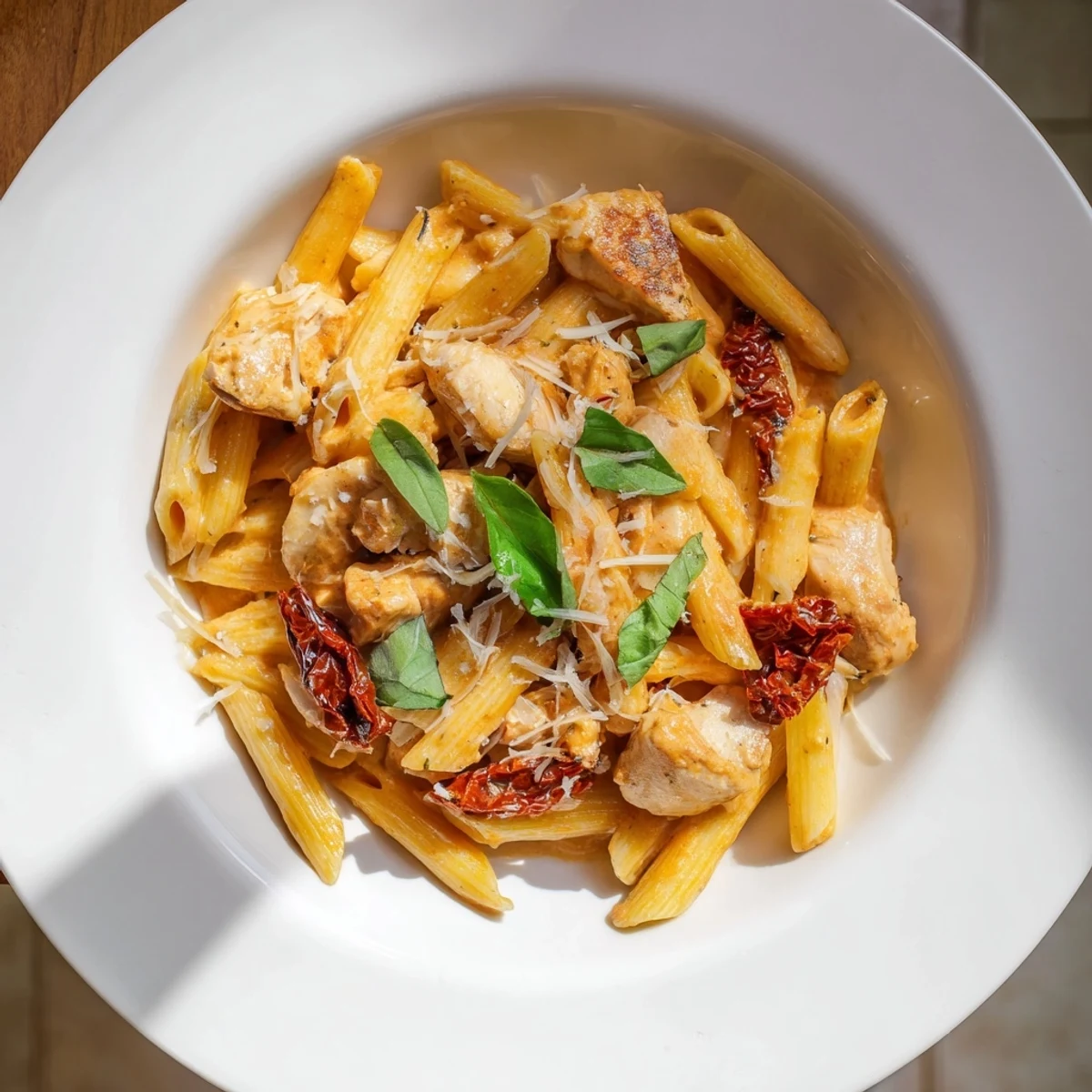 A delightful photo of creamy tomato basil chicken pasta, a comforting Italian-American dinner.