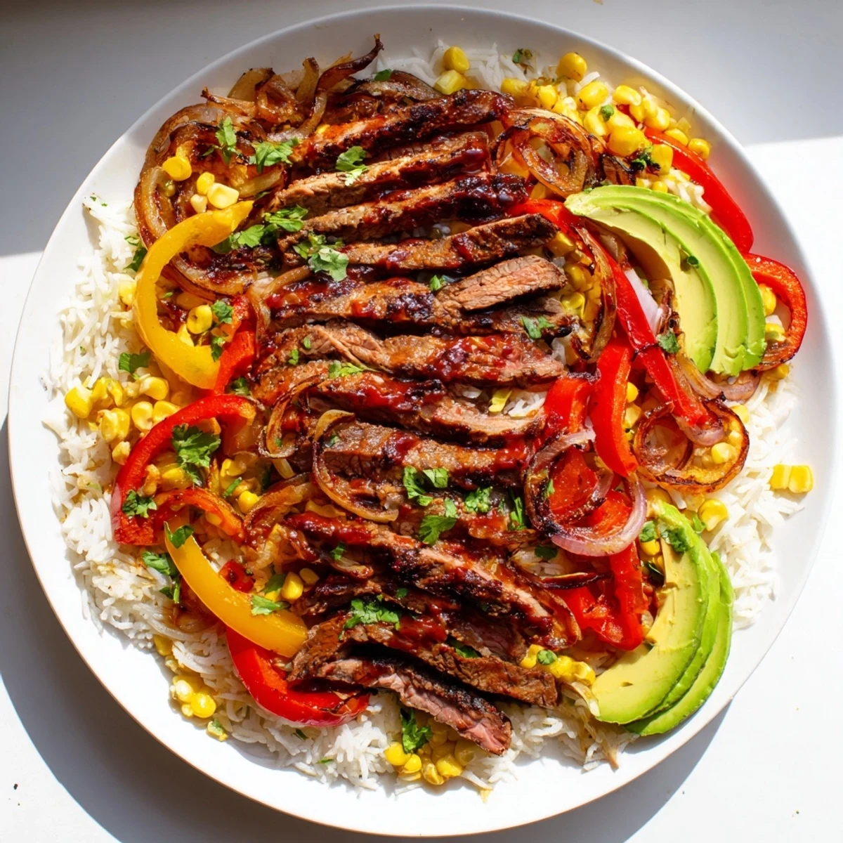 A delicious display of a BBQ Steak Fajita Bowl, featuring savory steak, rice, and fresh vegetables for a flavorful meal.
