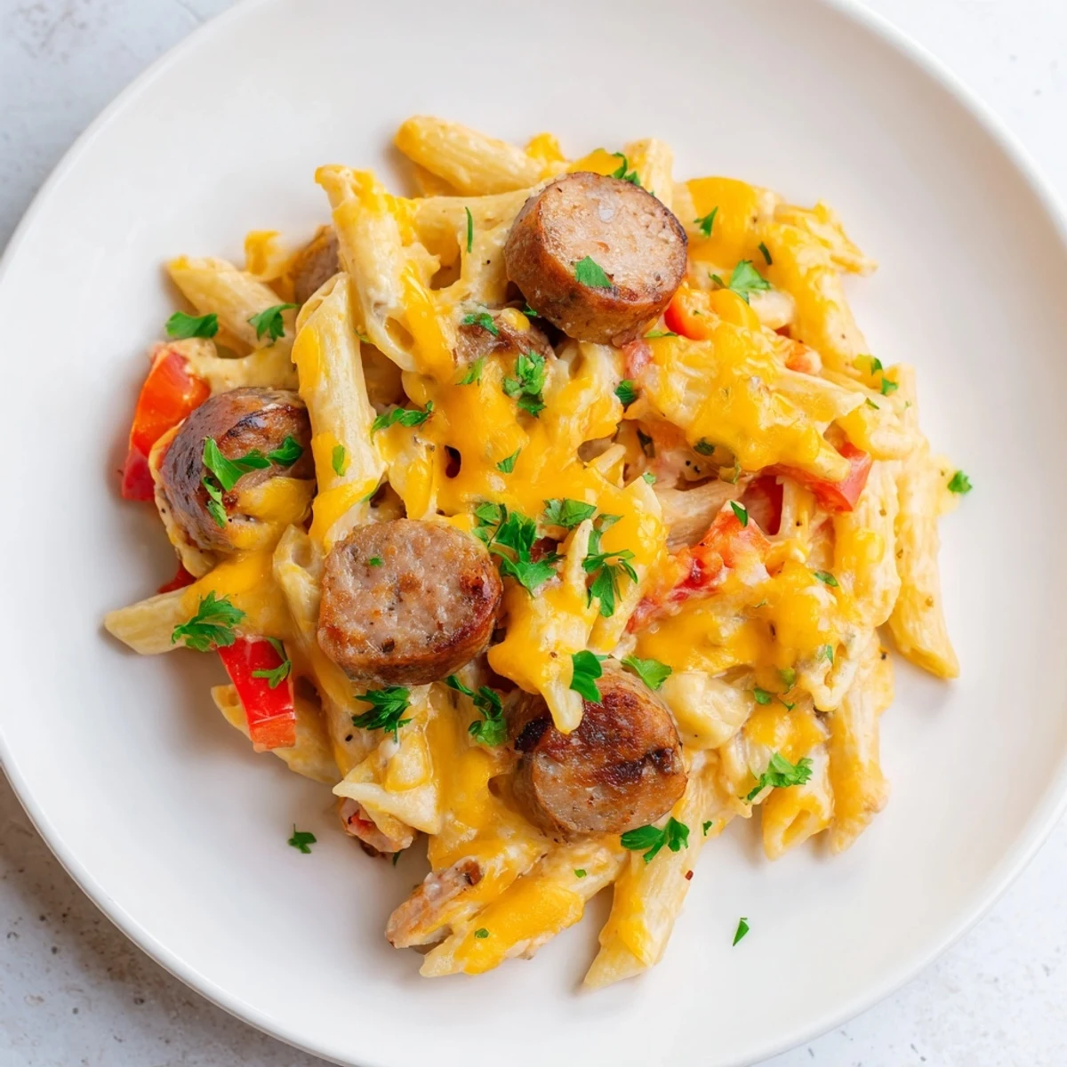 A bubbly Smoked Sausage & Cheddar Pasta Bake, showcasing creamy cheese and savory sausage, a perfect family meal.