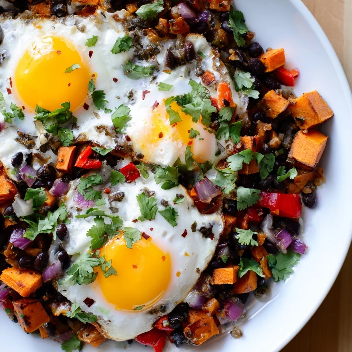 Golden-brown sweet potatoes and black beans mingle in this breakfast hash, topped with sunny eggs.