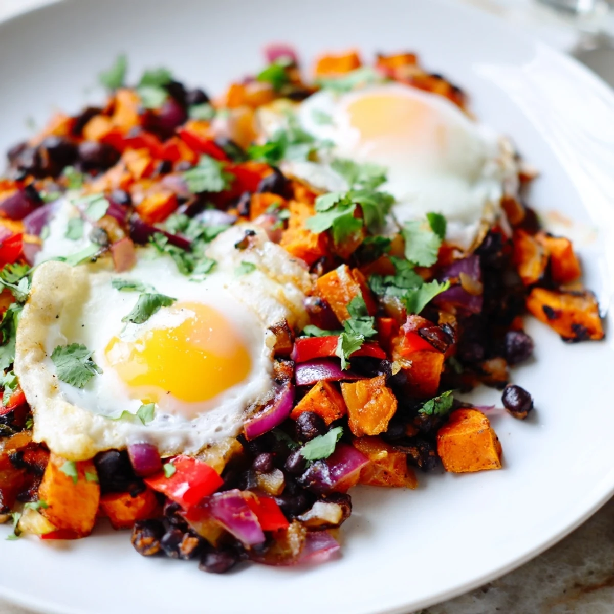 This skillet of colorful Sweet Potato & Black Bean Breakfast Hash features vibrant vegetables and perfectly cooked eggs.