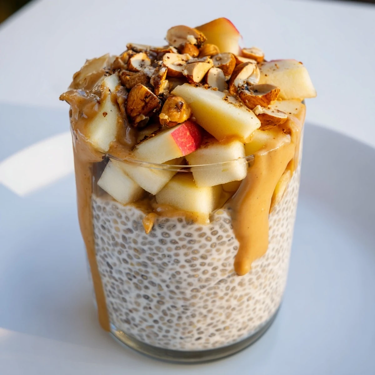 Delicious, healthy Apple-Chia Pudding with Peanut Butter, chilled and ready to eat, a quick and easy snack.