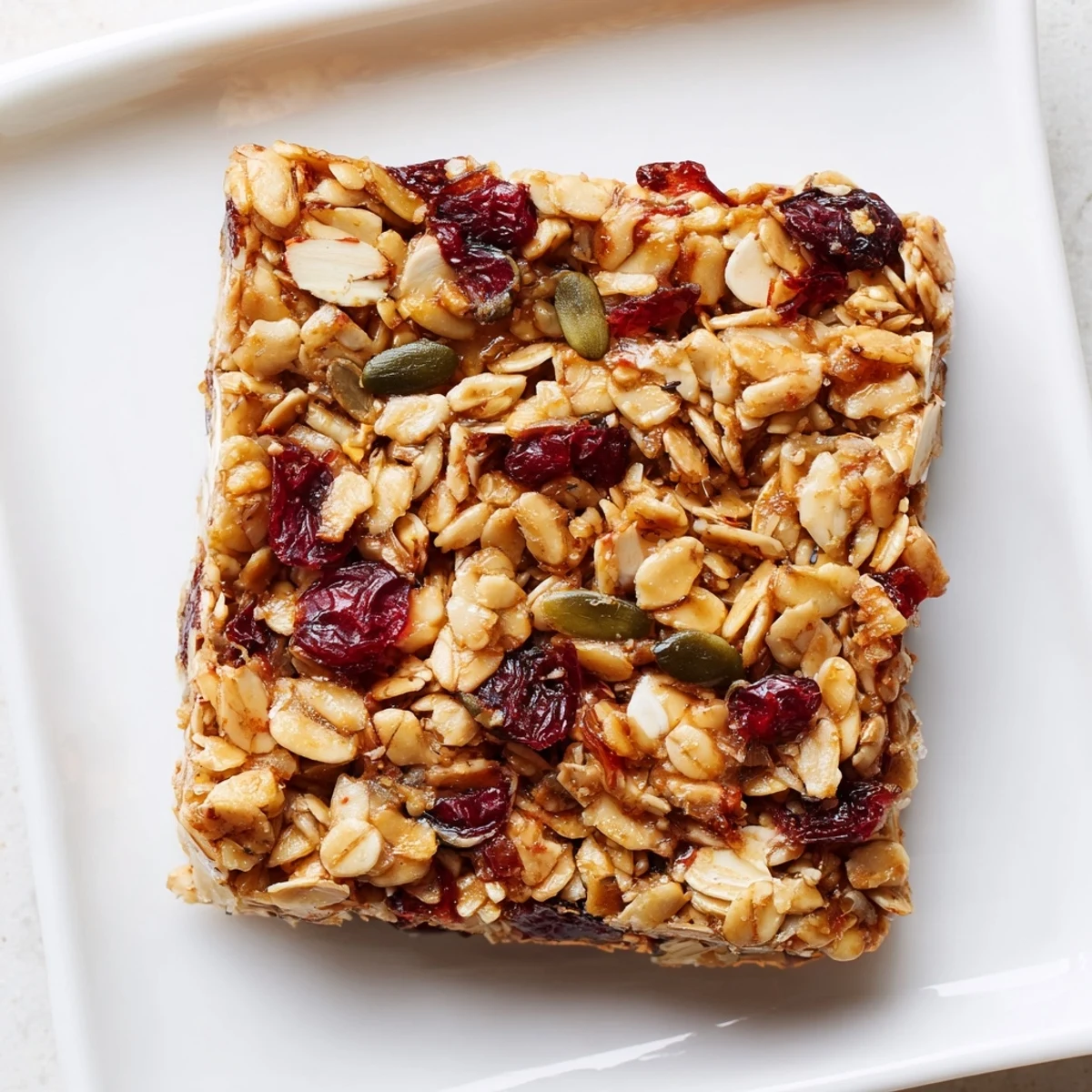 Freshly baked, chewy Roasted Pumpkin Seed & Cranberry Granola Bars, perfect for a quick and healthy breakfast.