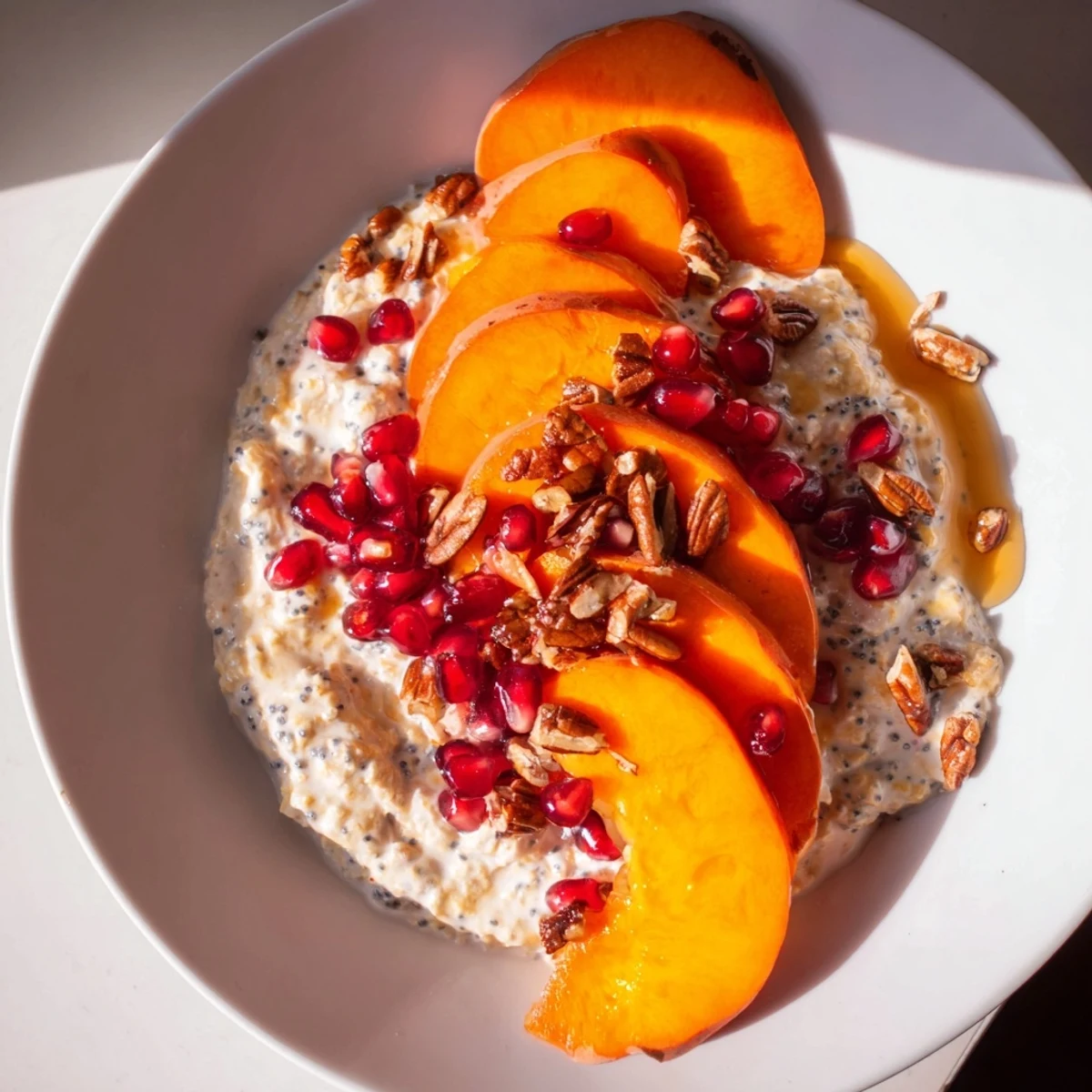A beautiful bowl of Overnight Oats with Persimmon, creamy and layered with juicy pomegranate.