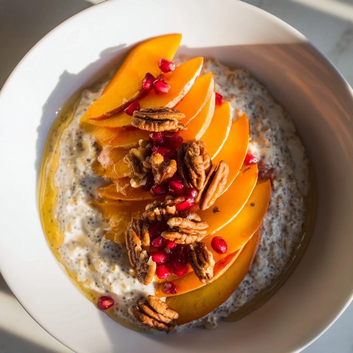 See refreshing Overnight Oats with Persimmon, showcasing juicy pomegranate and healthy chia seeds for a quick breakfast.