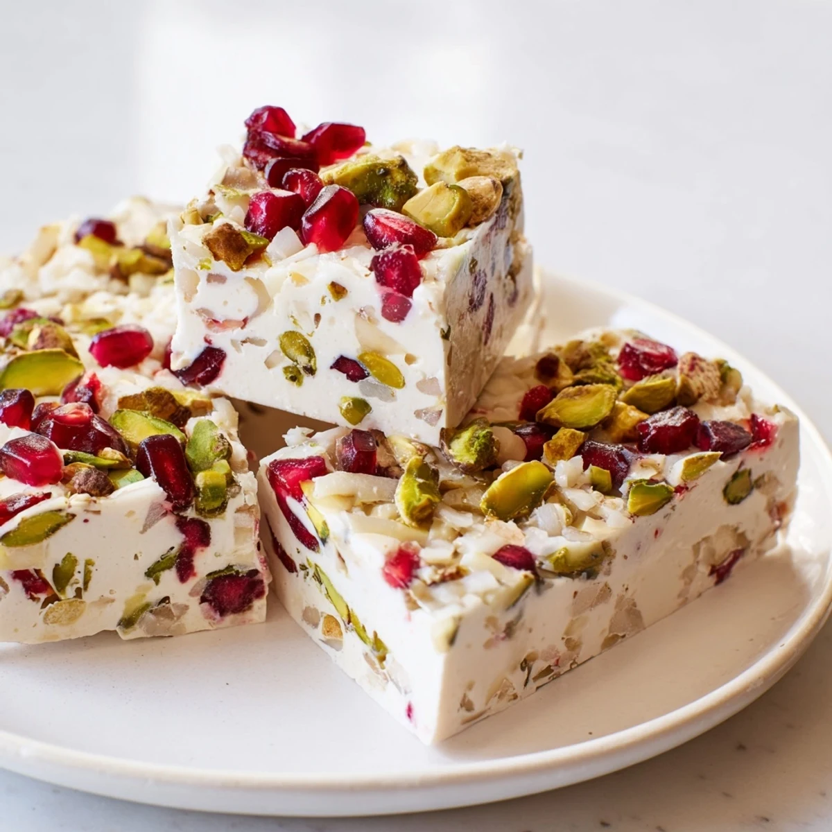 Homemade frozen yogurt bark, showcasing bright red pomegranate seeds with chopped pistachios.