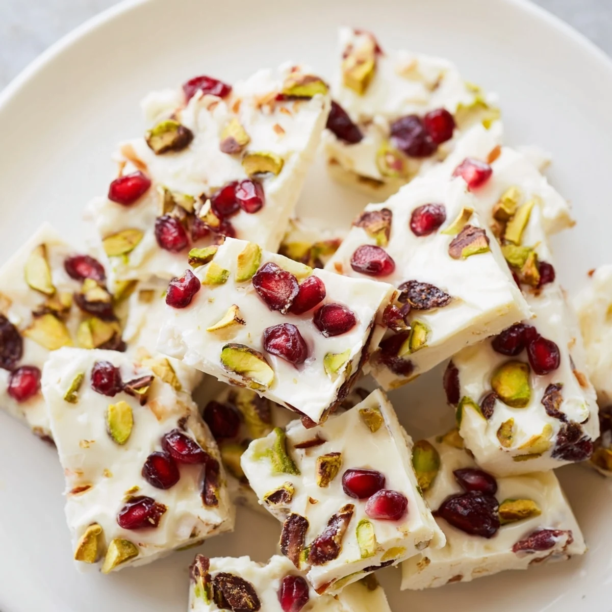 Delicious, easy-to-make frozen yogurt bark bursting with fresh pomegranate and crunchy nuts.